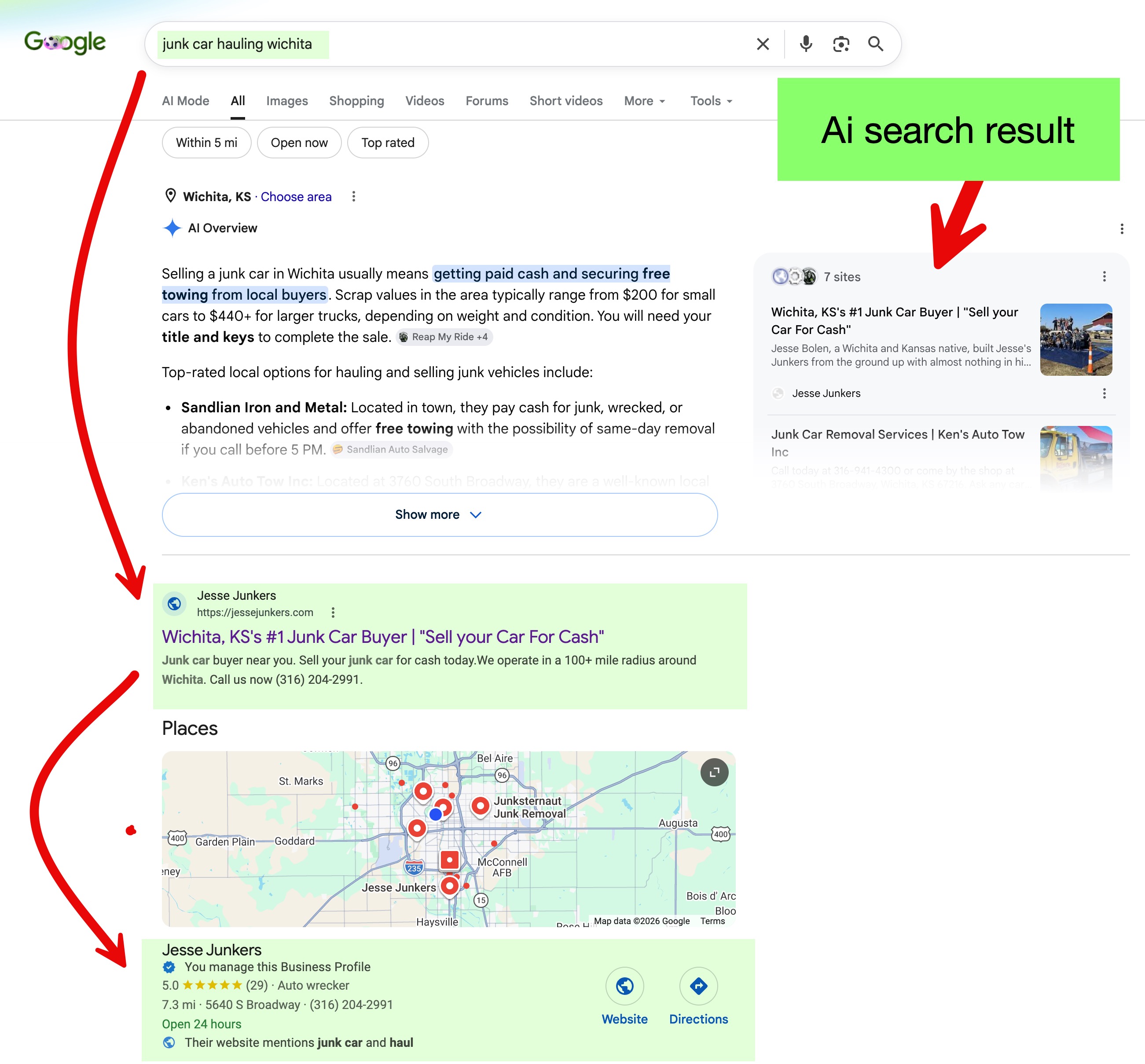 Google AI search result showing Jesse Junkers cited for junk car hauling in Wichita.