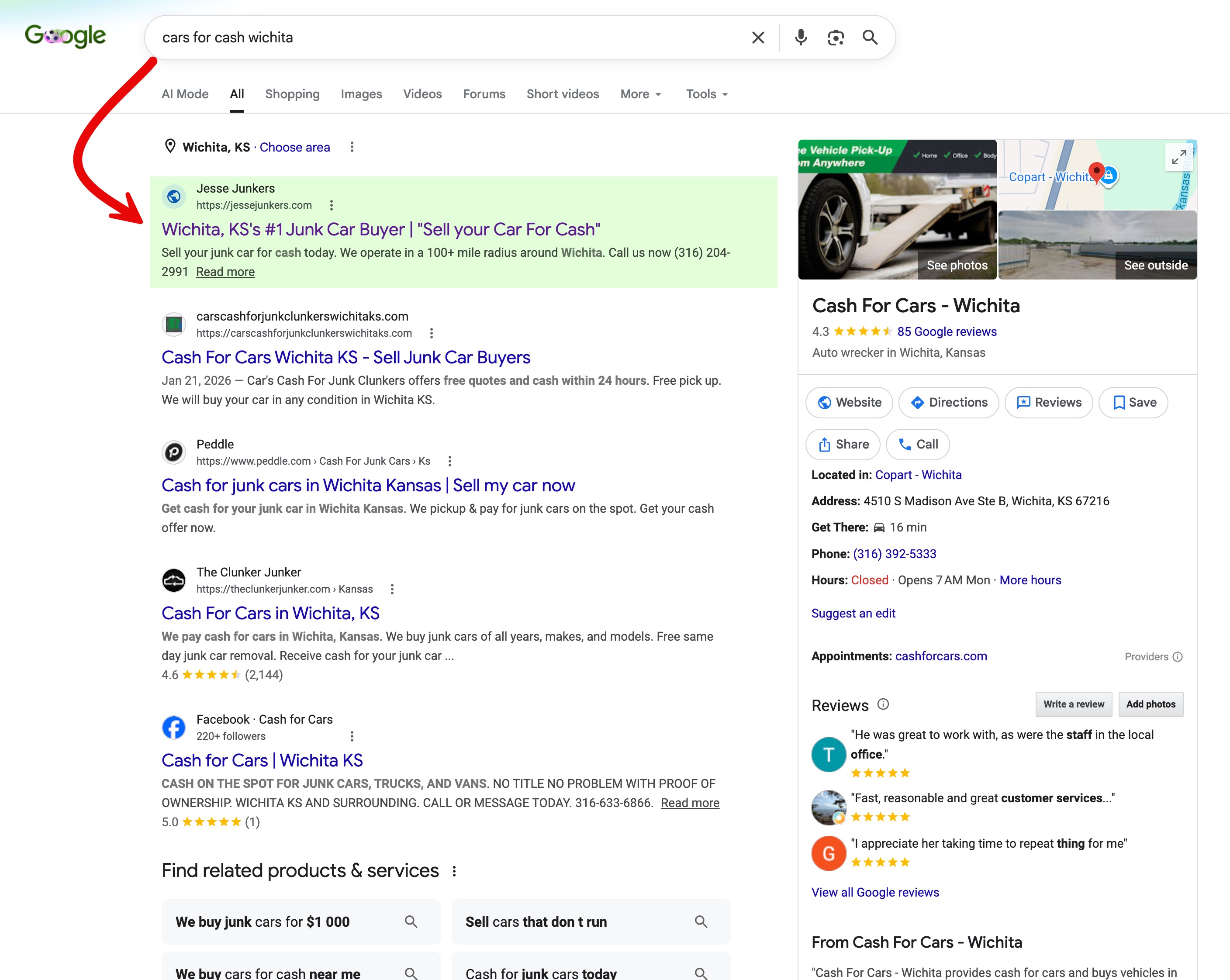 Google organic result showing Jesse Junkers ranking first for cars for cash Wichita.