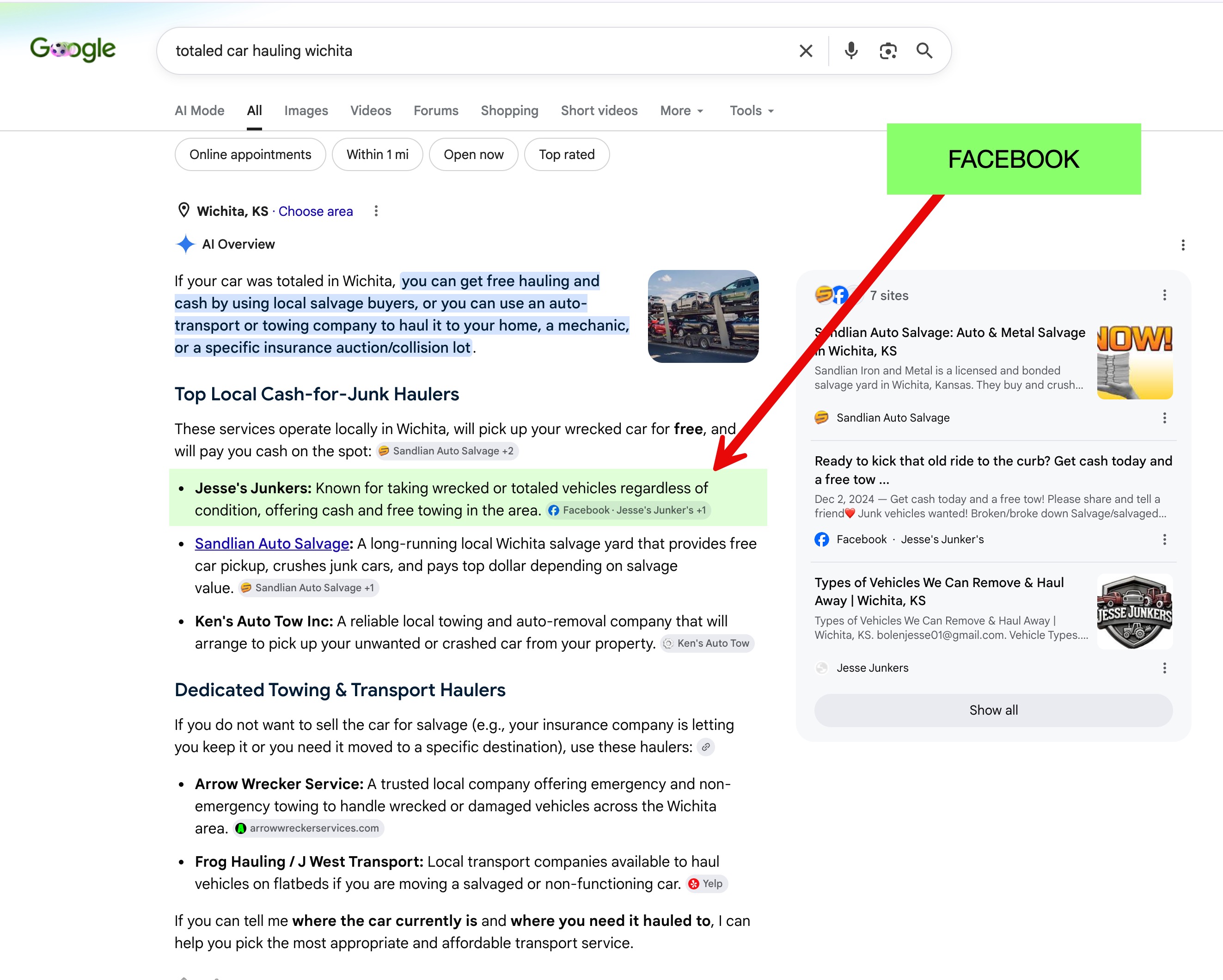 Google AI Overview for totaled car hauling Wichita referencing Jesse Junkers and social content.