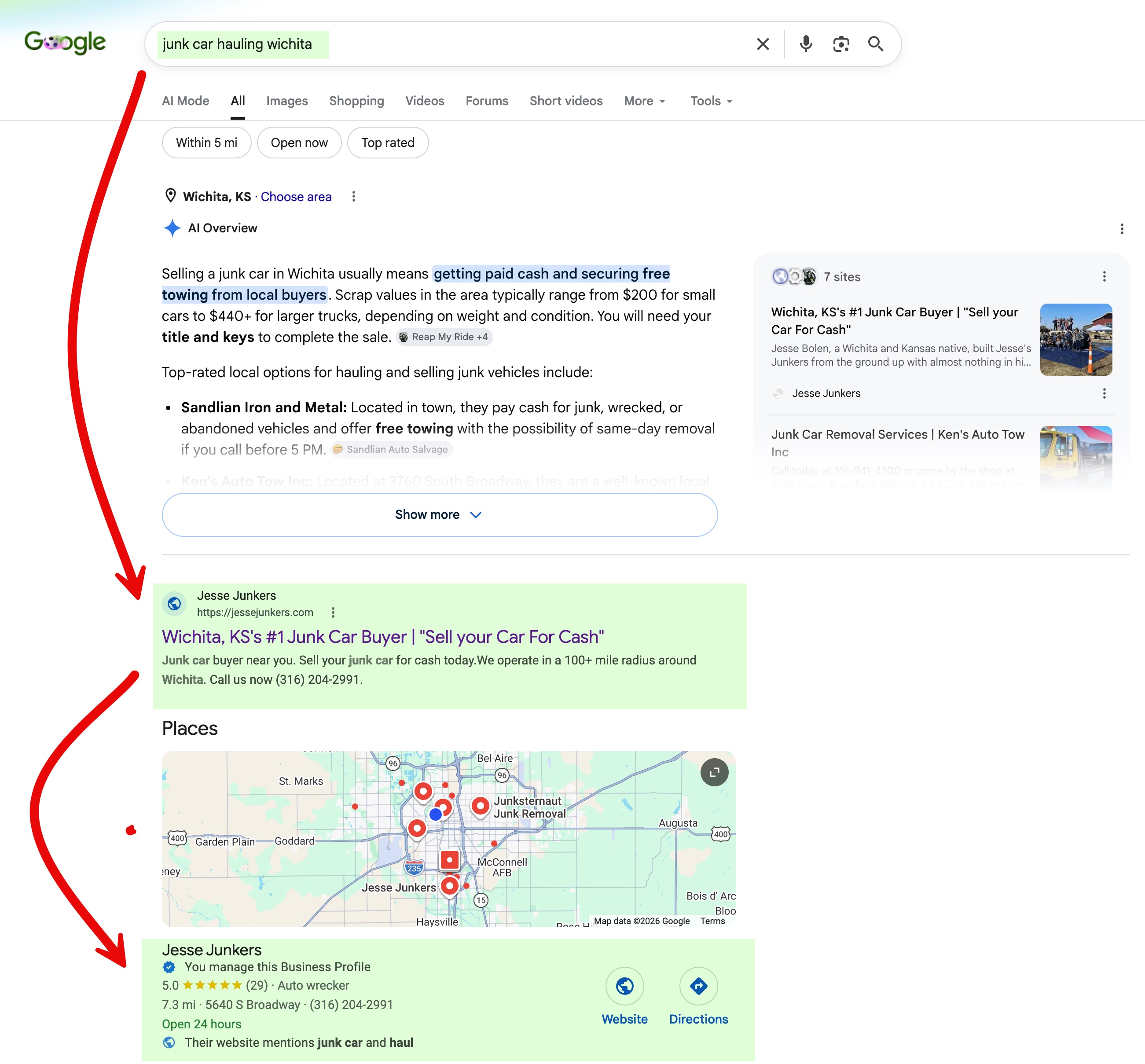 Google result showing Jesse Junkers in AI, organic, and map results for junk car hauling Wichita.