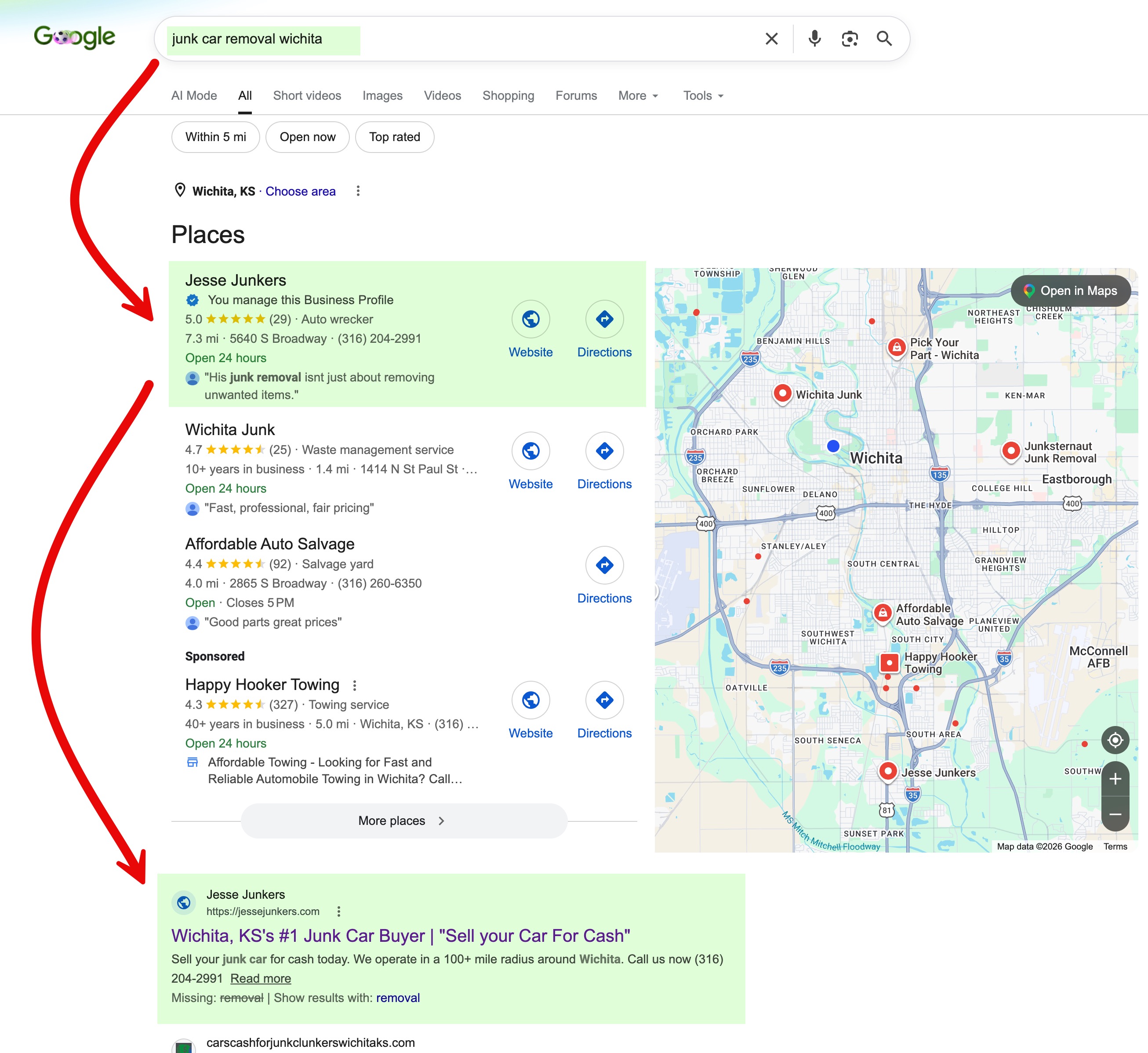 Google Maps result showing Jesse Junkers in the map pack for junk car removal Wichita.
