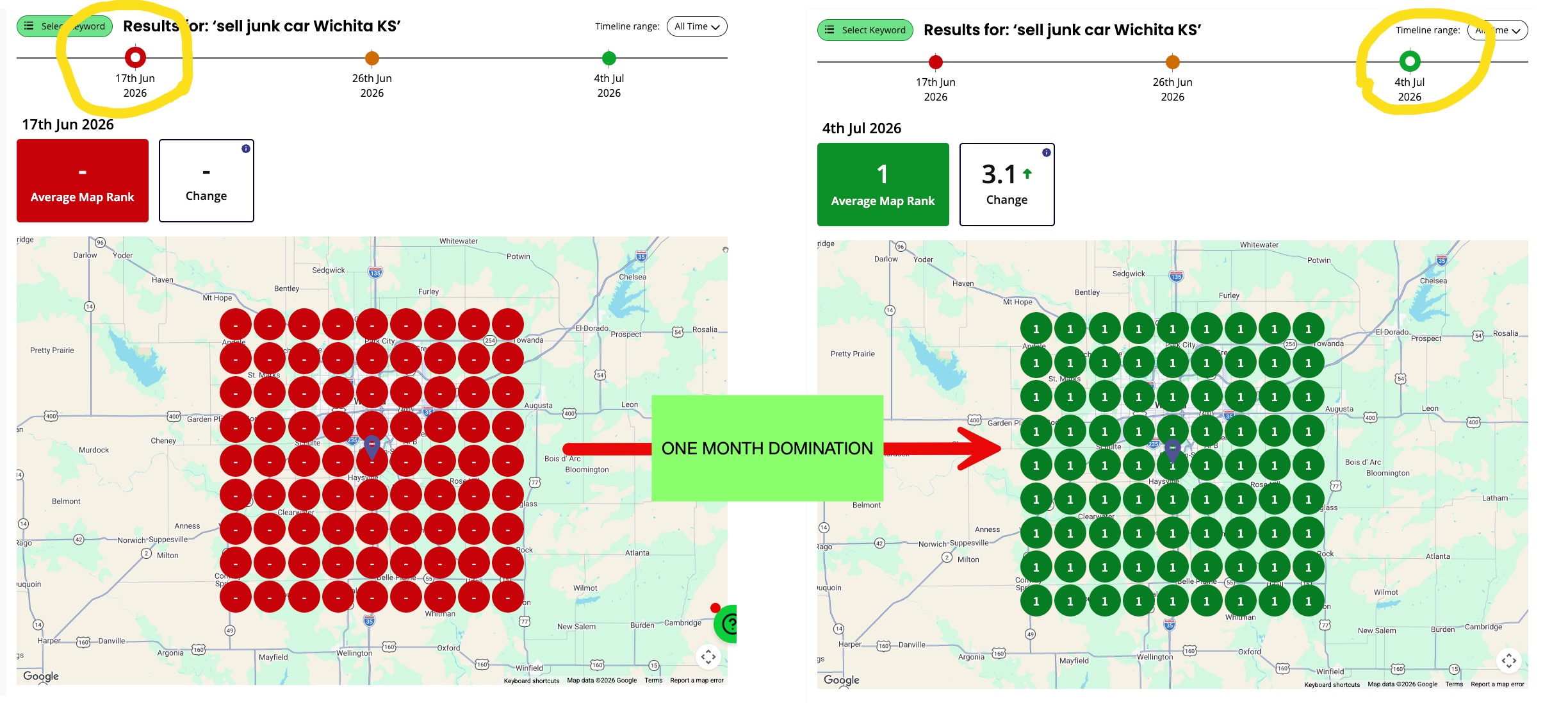 BrightLocal before and after map grid showing red rankings on June 17 and green number one rankings on July 4.