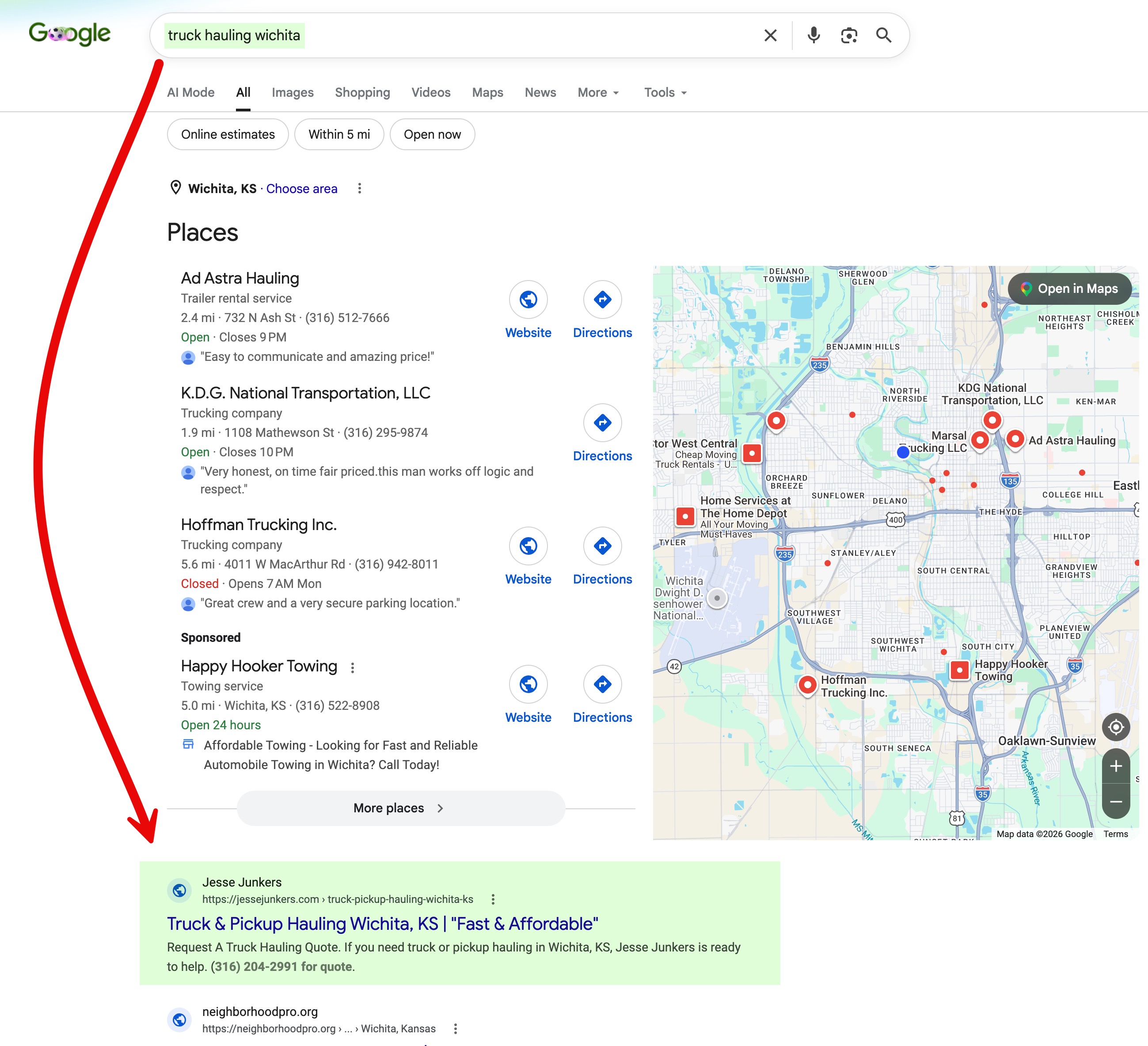 Google result for truck hauling Wichita showing a Jesse Junkers service page ranking.